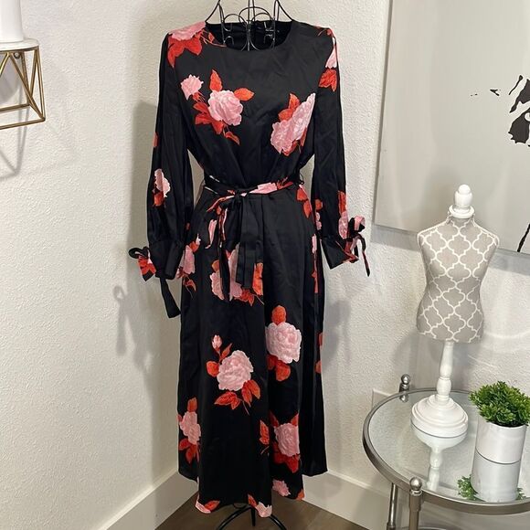 Who What Wear Floral Midi Dress with Ties | Black Red Pink Floral | size M - Picture 3 of 9